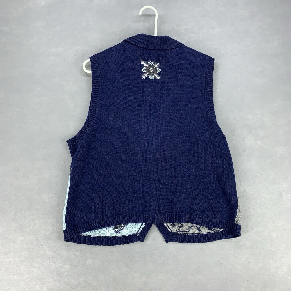 VTG Northcrest Sweater Cardigan Vest Women's Large 14-16 Blue Knit Winter Scene - Picture 7 of 12